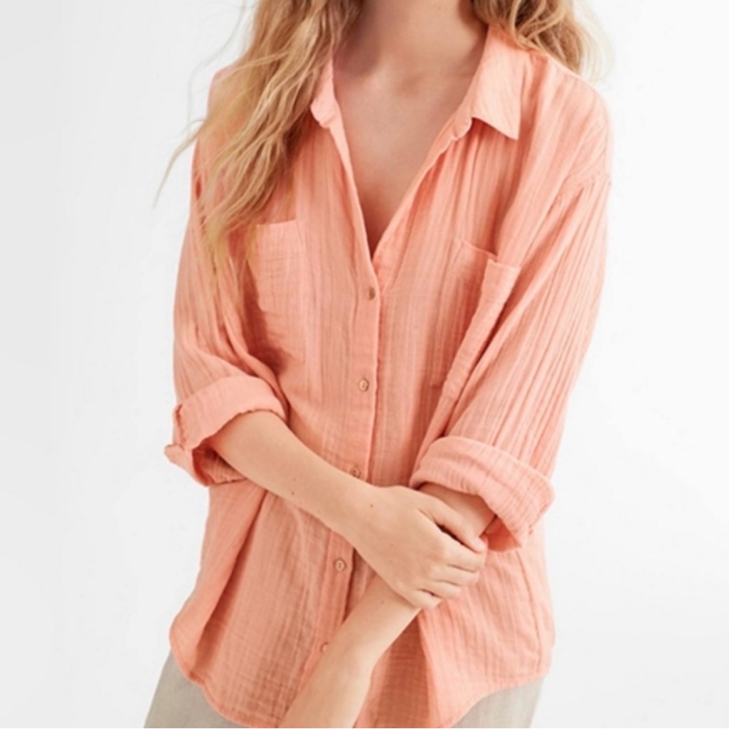 Nwt Eileen Fisher Organic Cotton Lofty Gauze Classic Collar Button Shirt Peach S